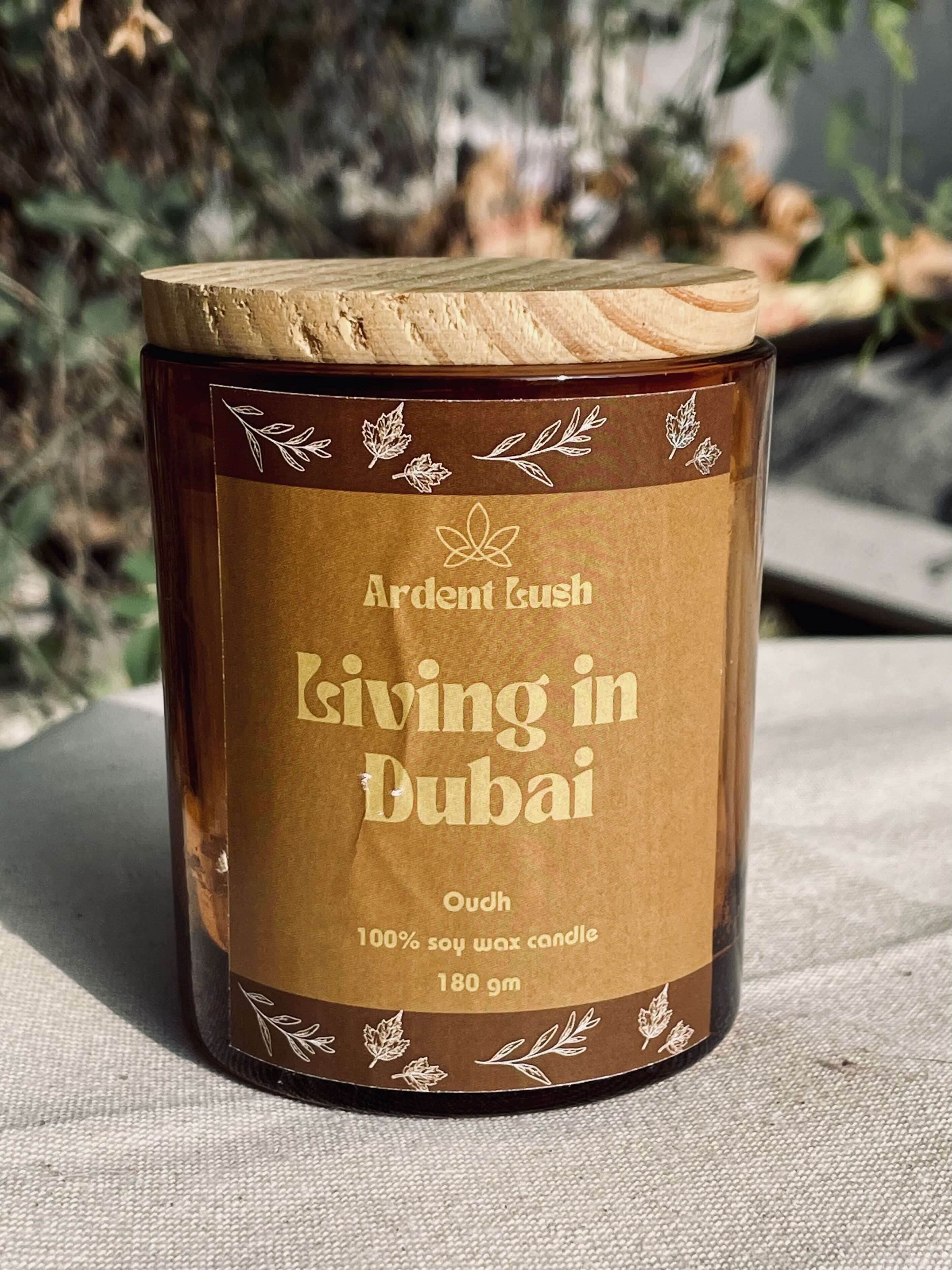 Living in Dubai - Oudh scented soy wax wooden wick candle
