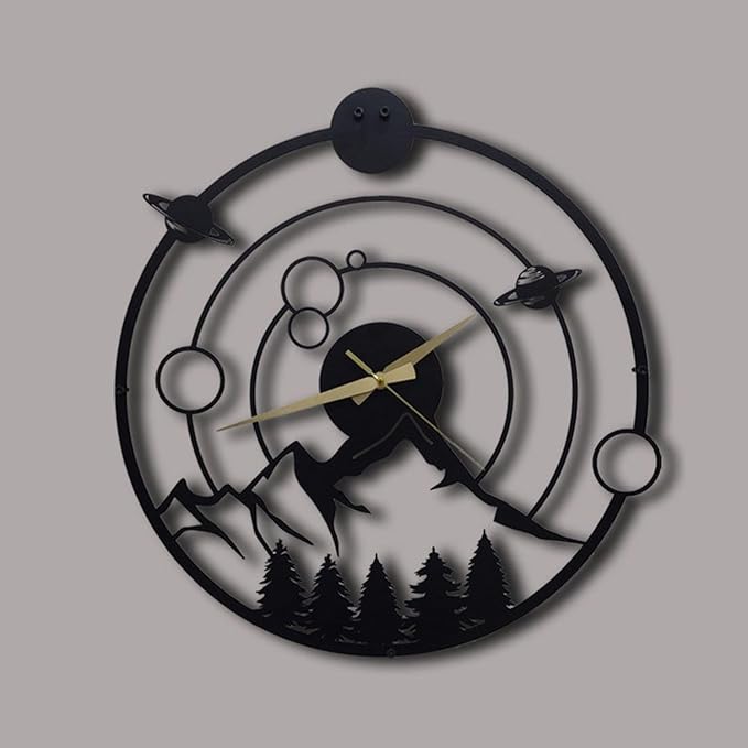 Modern Minimalist Metal Wall Clock - Celestial Orbit Design with Mountain and Forest Silhouette, Silent Quartz Movement, Perfect for Living Room, Office (Black, Compact -38 cm)