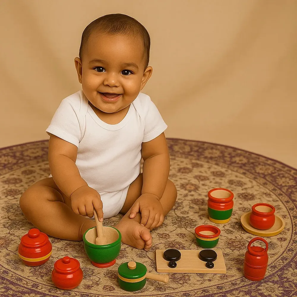Premium Vintage Wooden Kitchen Play Set for Kids (Ages 1–3) – Montessori Style Cooking Toy