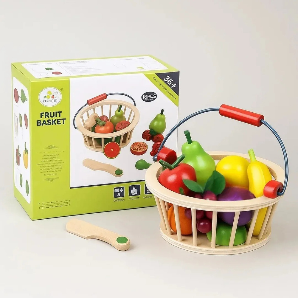Wooden Fruit Basket Play Set for Kids | Montessori Learning & Role-Play Set