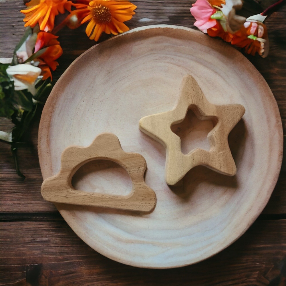 Beautiful Set of 2 Neem Wooden Teethers- Star & Cloud Shapes