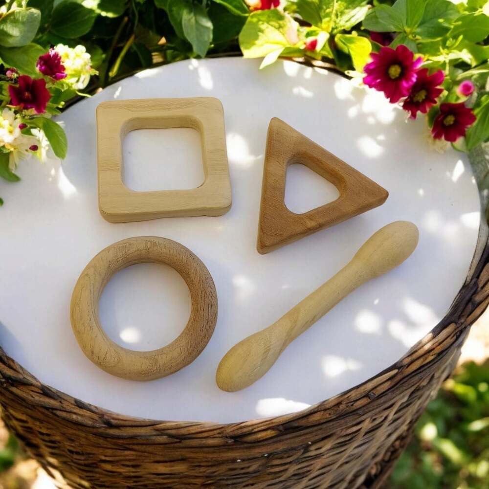 Pack of 4 Neem Wooden Teethers For Babies of Age 0 To 3 Years  Dumbbell, Ring, Square & Triangle